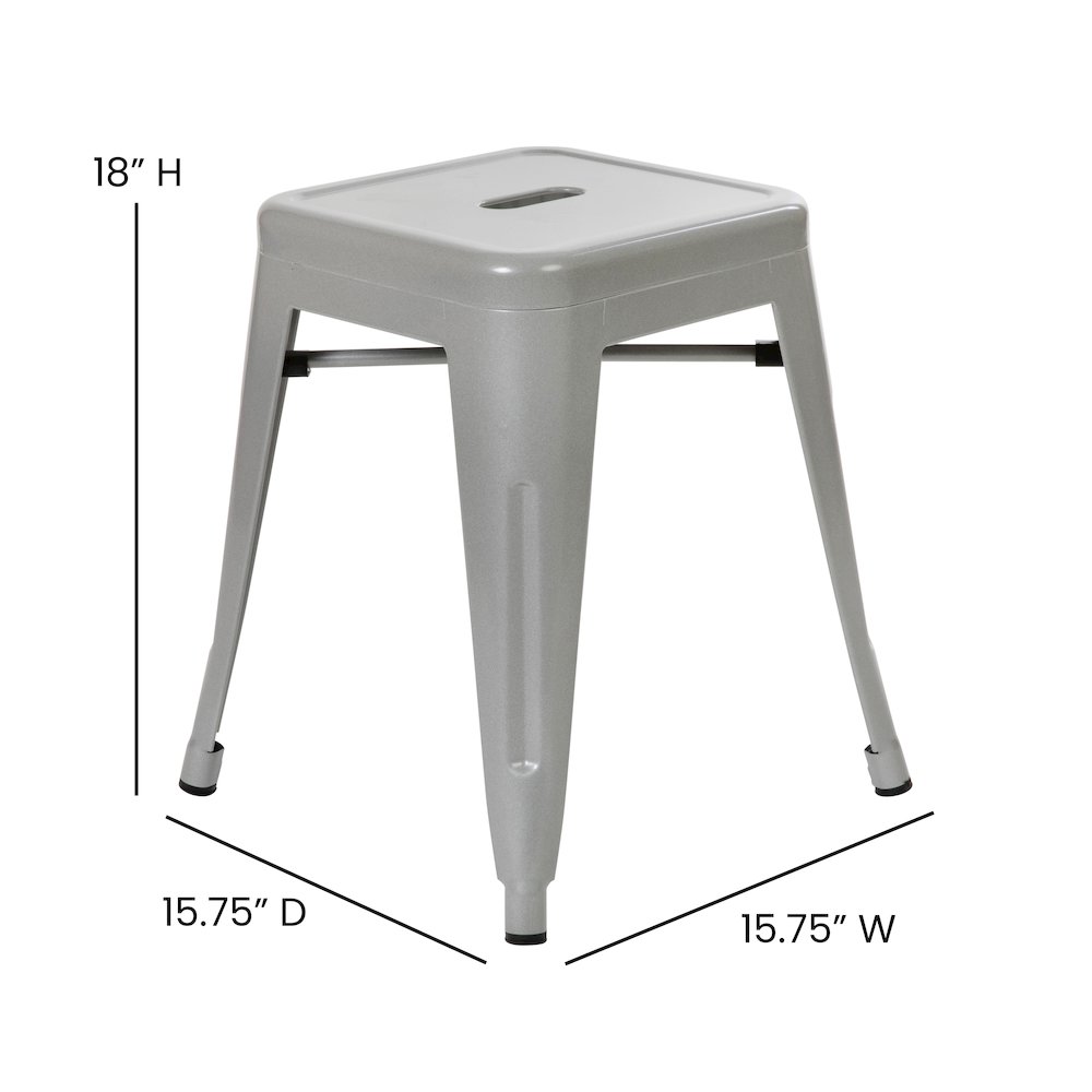 18" Table Height Stool, Stackable Metal Dining Stool in Silver - Set of 4. Picture 6