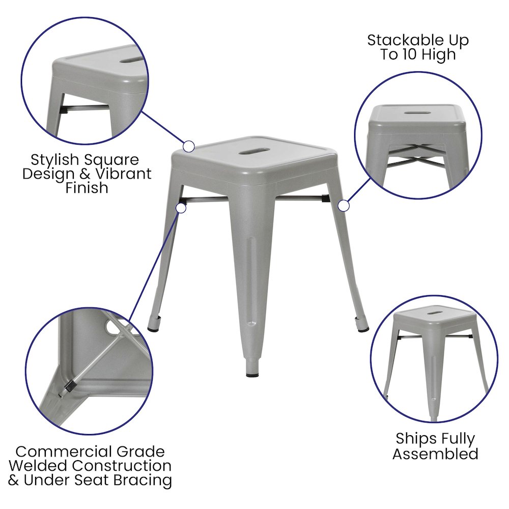 18" Table Height Stool, Stackable Metal Dining Stool in Silver - Set of 4. Picture 5