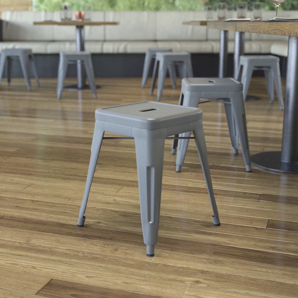 18" Table Height Stool, Stackable Metal Dining Stool in Silver - Set of 4. Picture 2
