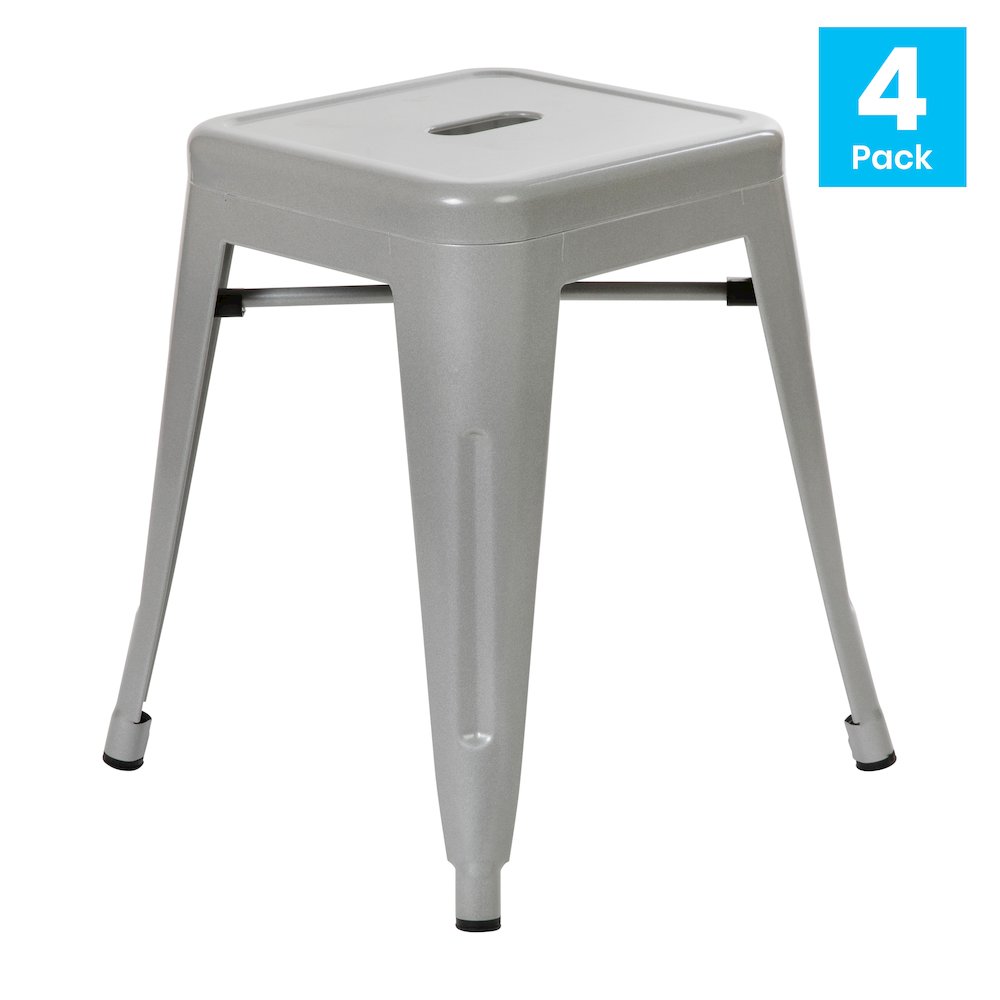 18" Table Height Stool, Stackable Metal Dining Stool in Silver - Set of 4. Picture 1