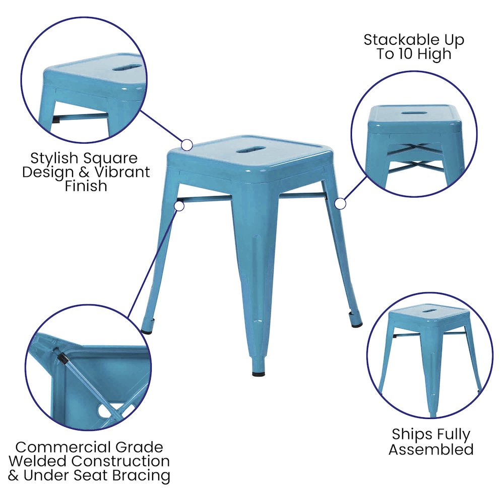 18" Table Height Stool, Stackable Metal Dining Stool in Teal - Set of 4. Picture 5