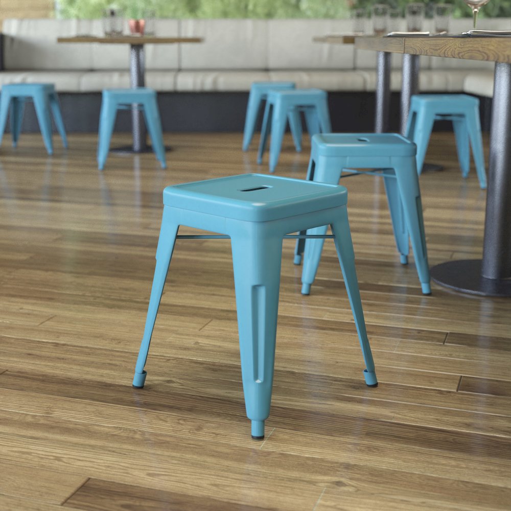 18" Table Height Stool, Stackable Metal Dining Stool in Teal - Set of 4. Picture 2