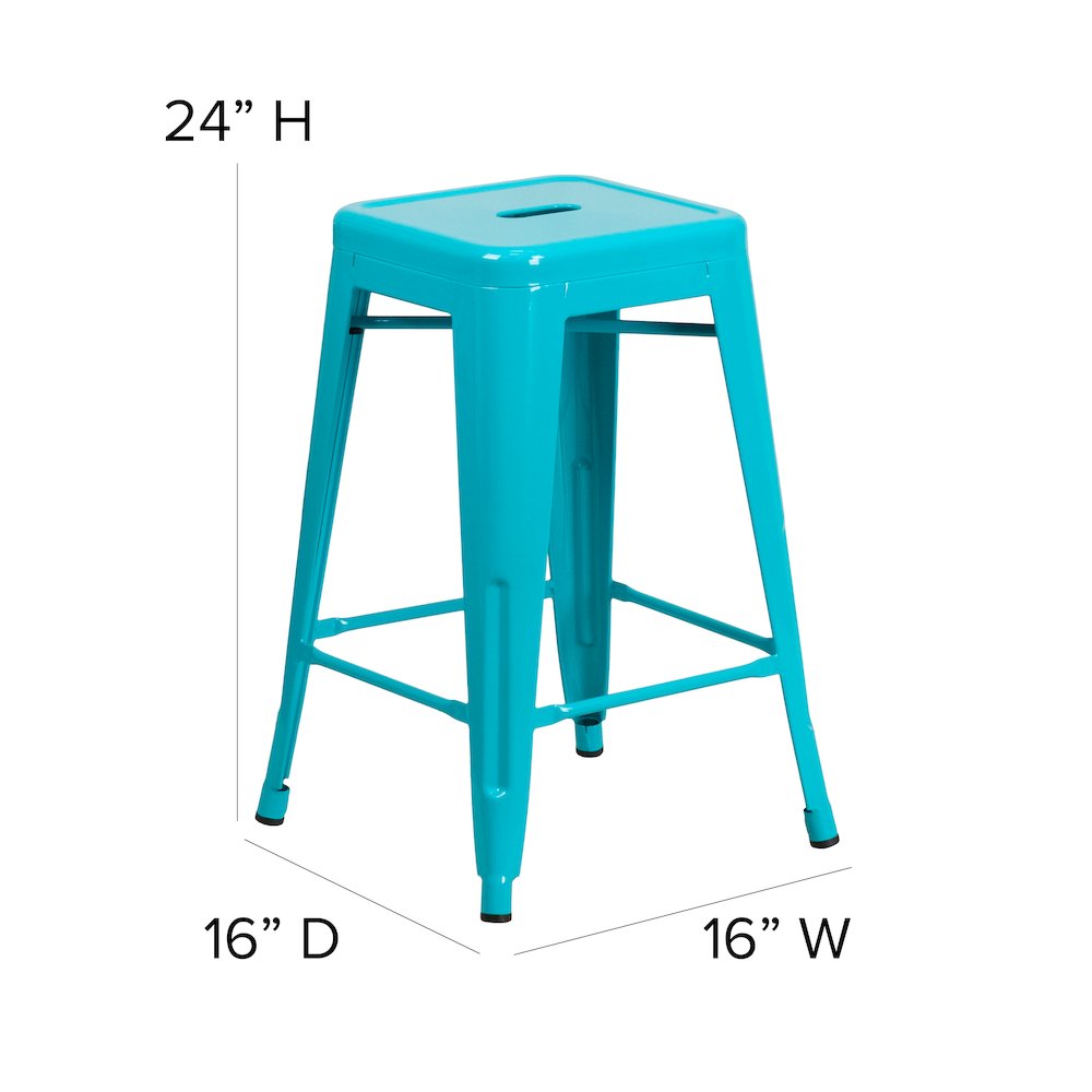 24" High Backless Crystal Teal-Blue Indoor-Outdoor Counter Height Stool. Picture 6