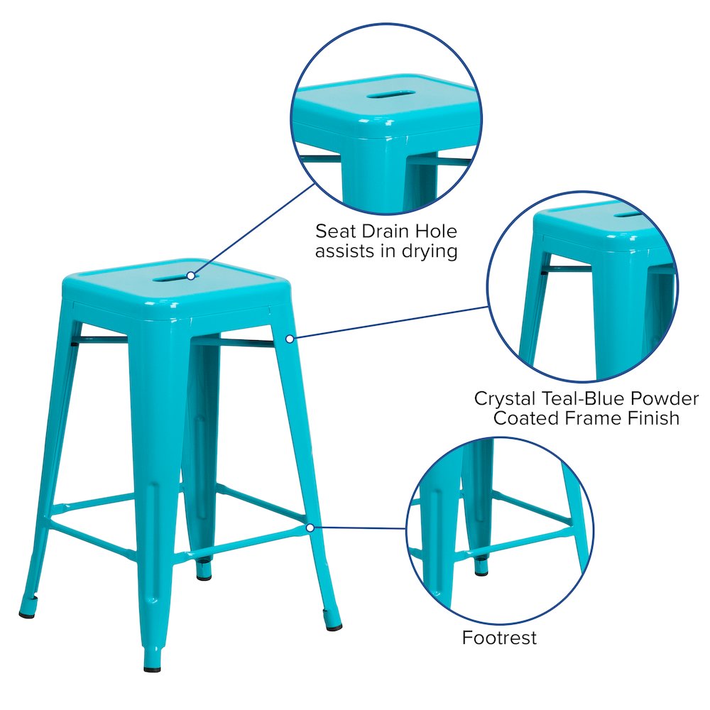 24" High Backless Crystal Teal-Blue Indoor-Outdoor Counter Height Stool. Picture 5