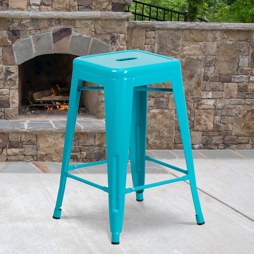 24" High Backless Crystal Teal-Blue Indoor-Outdoor Counter Height Stool. Picture 2