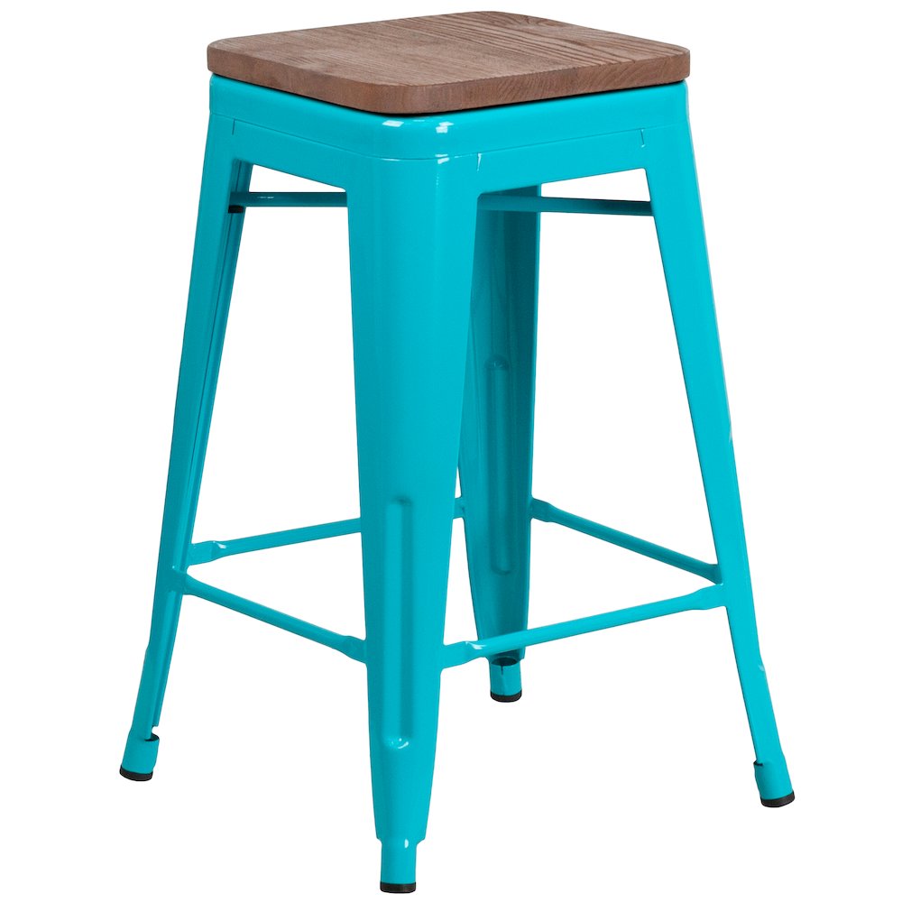 24" High Backless Crystal Teal-Blue Counter Height Stool with Square Wood Seat. Picture 1