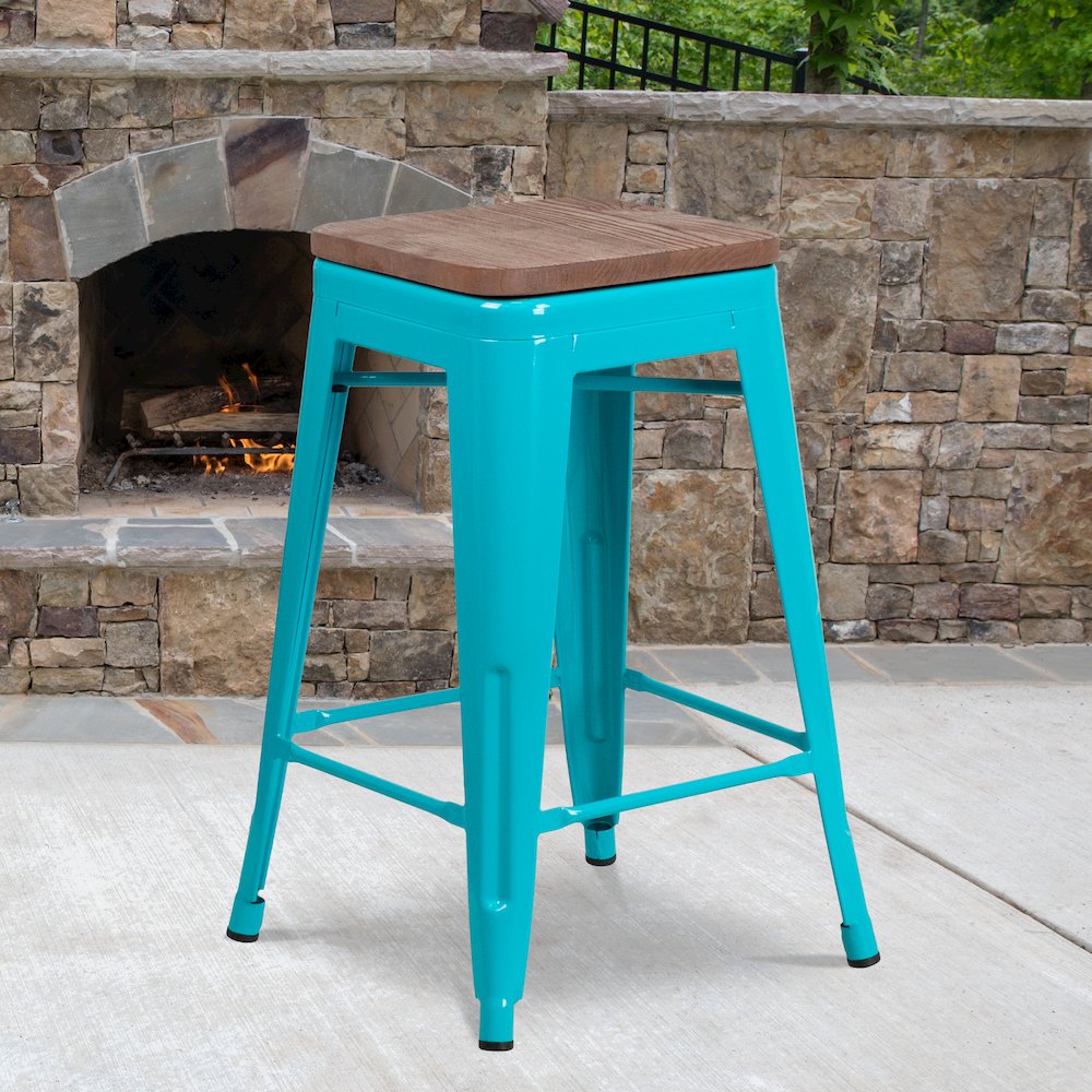 24" High Backless Crystal Teal-Blue Counter Height Stool with Square Wood Seat. Picture 2
