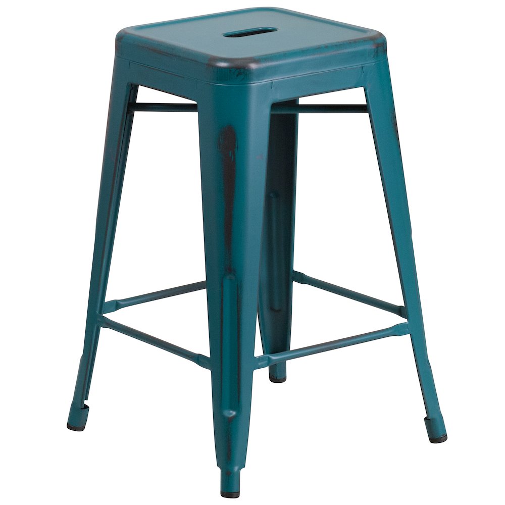 24" High Distressed Kelly Blue-Teal Metal Indoor-Outdoor Counter Height Stool. Picture 1
