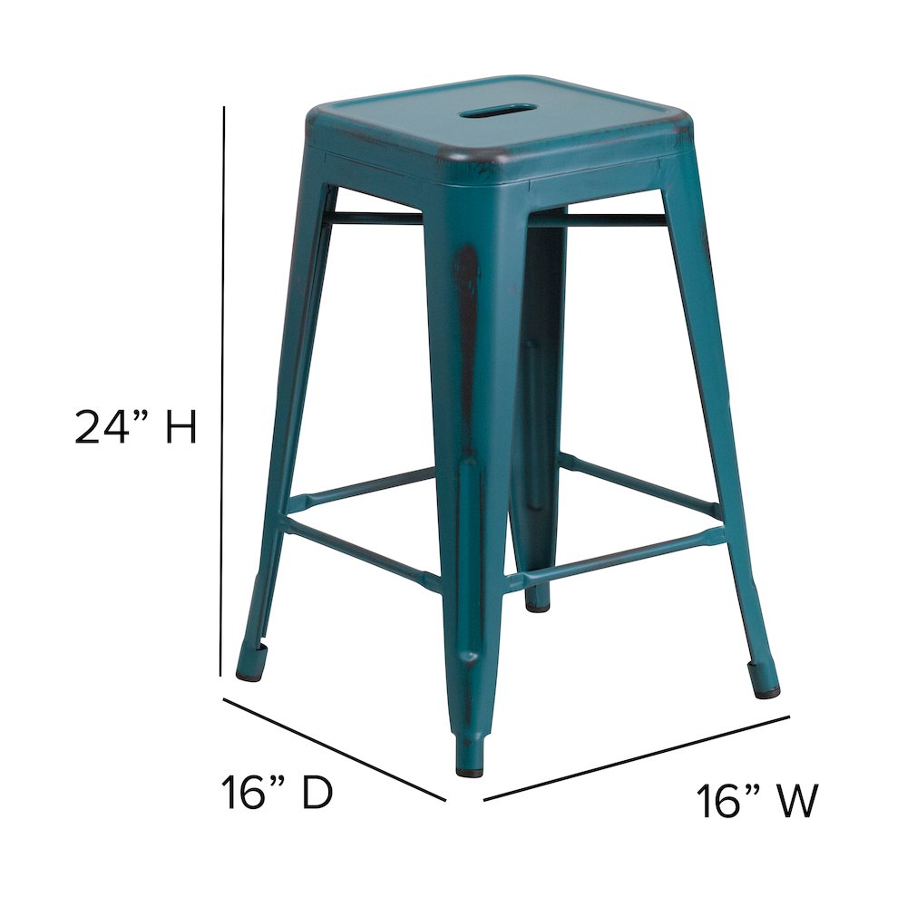 24" High Distressed Kelly Blue-Teal Metal Indoor-Outdoor Counter Height Stool. Picture 6