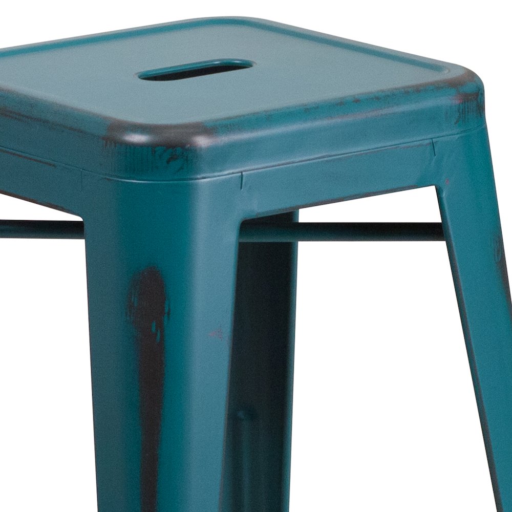 24" High Distressed Kelly Blue-Teal Metal Indoor-Outdoor Counter Height Stool. Picture 7