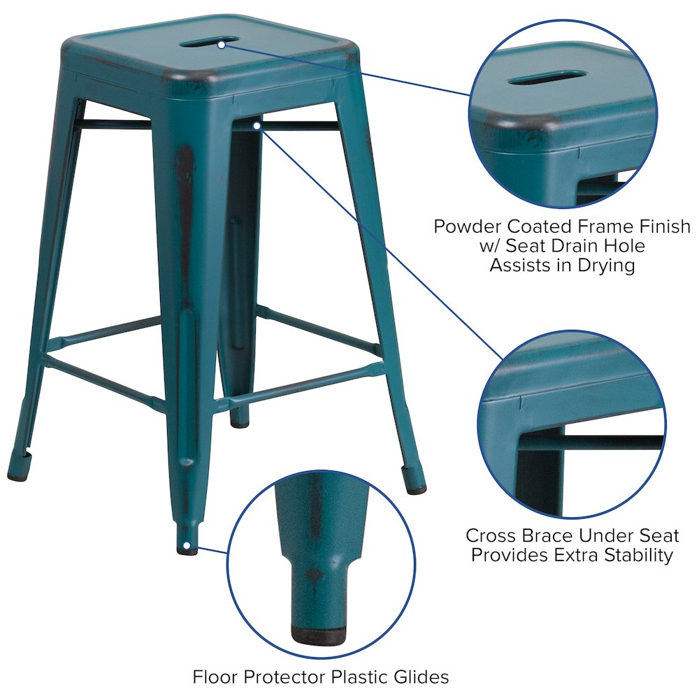 24" High Distressed Kelly Blue-Teal Metal Indoor-Outdoor Counter Height Stool. Picture 5