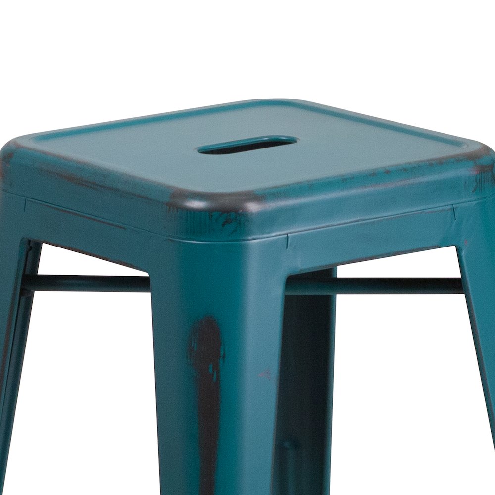 24" High Distressed Kelly Blue-Teal Metal Indoor-Outdoor Counter Height Stool. Picture 8