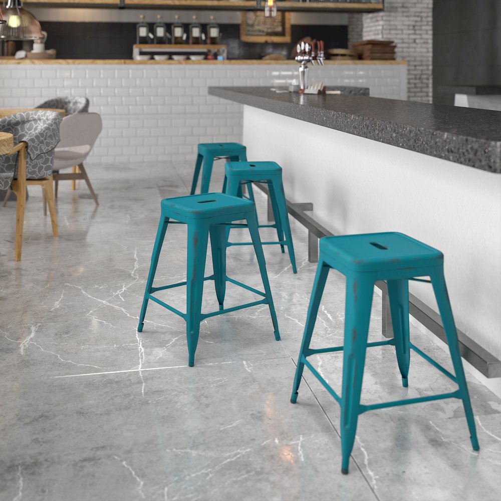 24" High Distressed Kelly Blue-Teal Metal Indoor-Outdoor Counter Height Stool. Picture 2