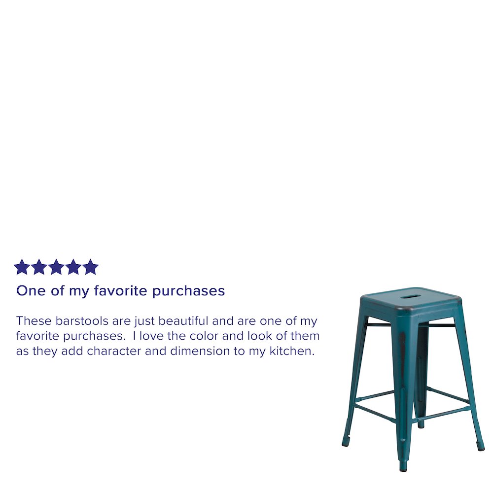 24" High Distressed Kelly Blue-Teal Metal Indoor-Outdoor Counter Height Stool. Picture 4