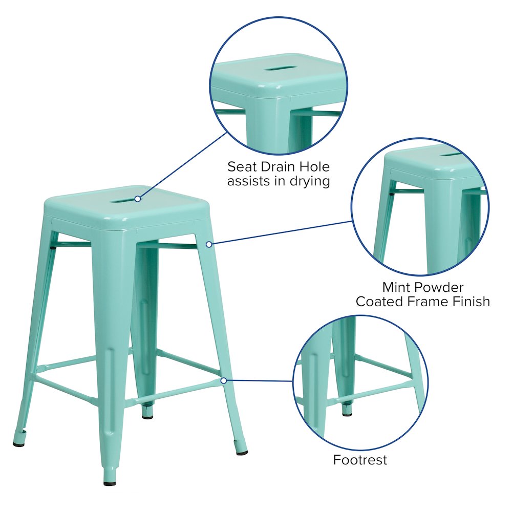 24" High Backless Mint Green Indoor-Outdoor Counter Height Stool. Picture 5