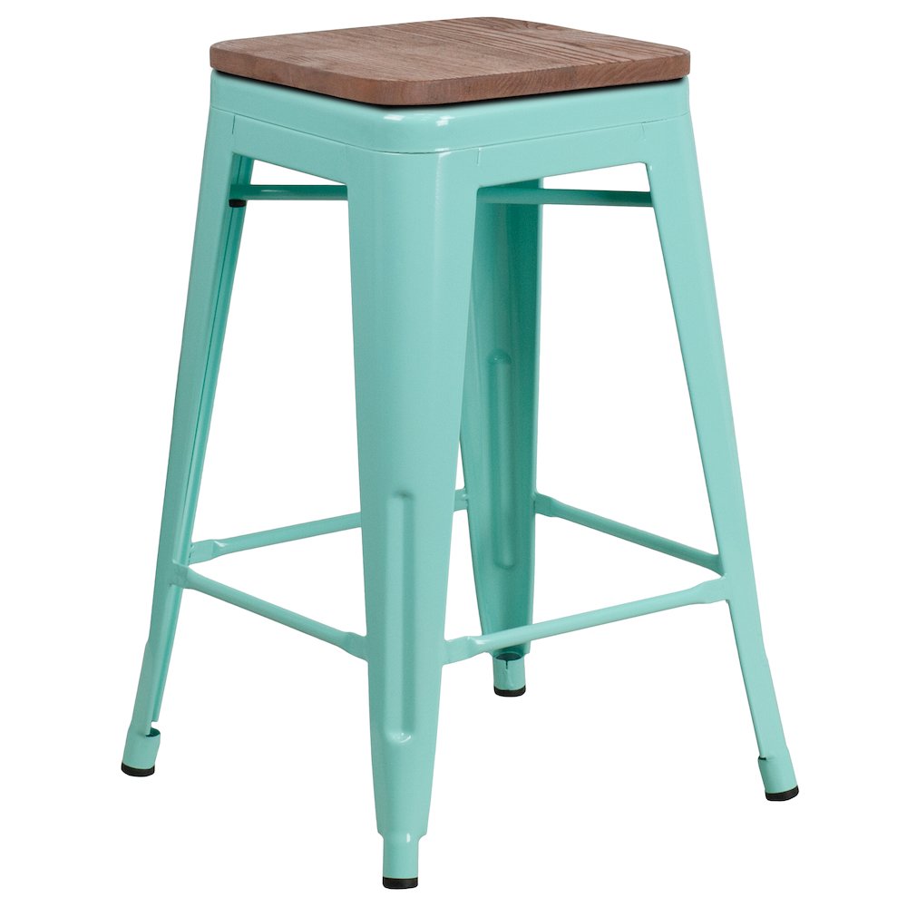 24" High Backless Mint Green Counter Height Stool with Square Wood Seat. Picture 1