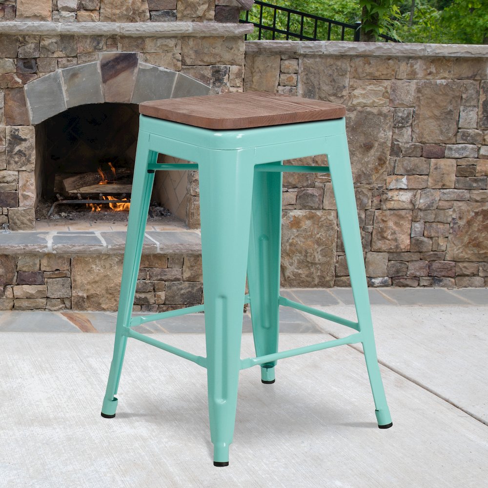 24" High Backless Mint Green Counter Height Stool with Square Wood Seat. Picture 2