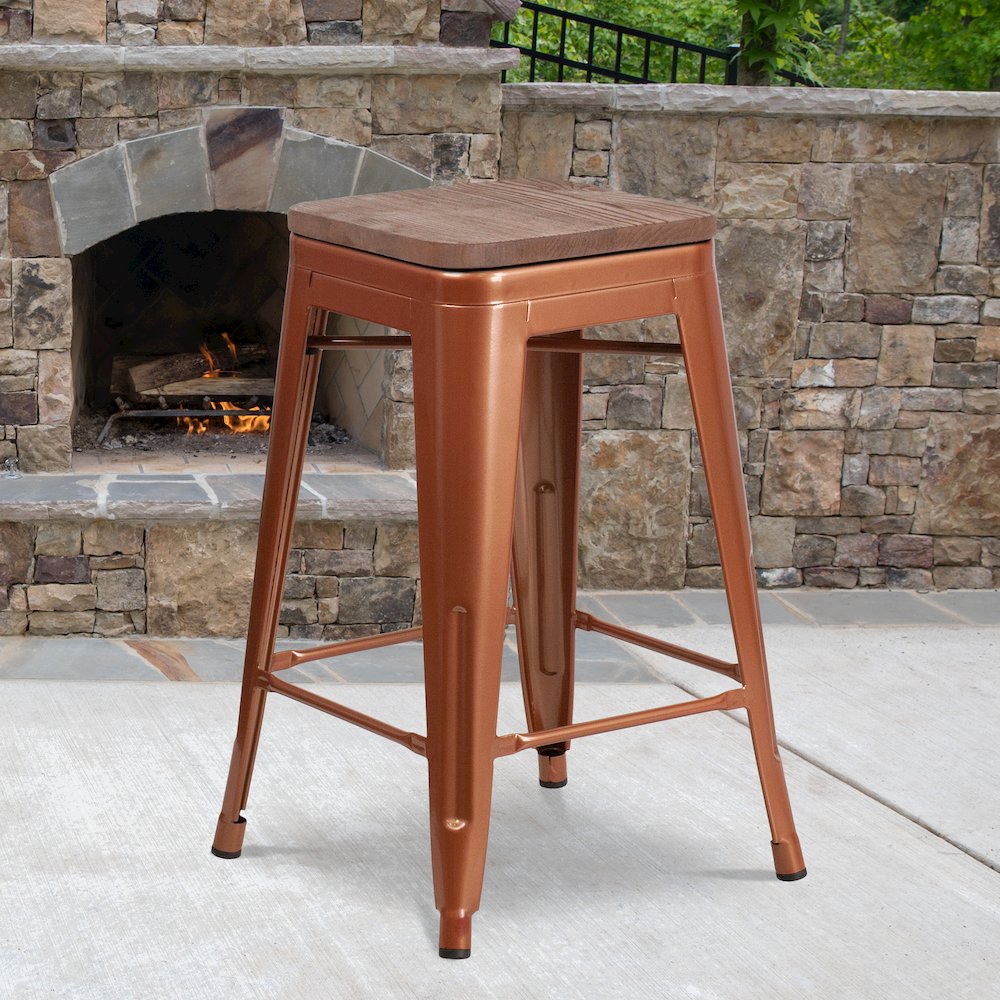 24" High Backless Copper Counter Height Stool with Square Wood Seat. Picture 2