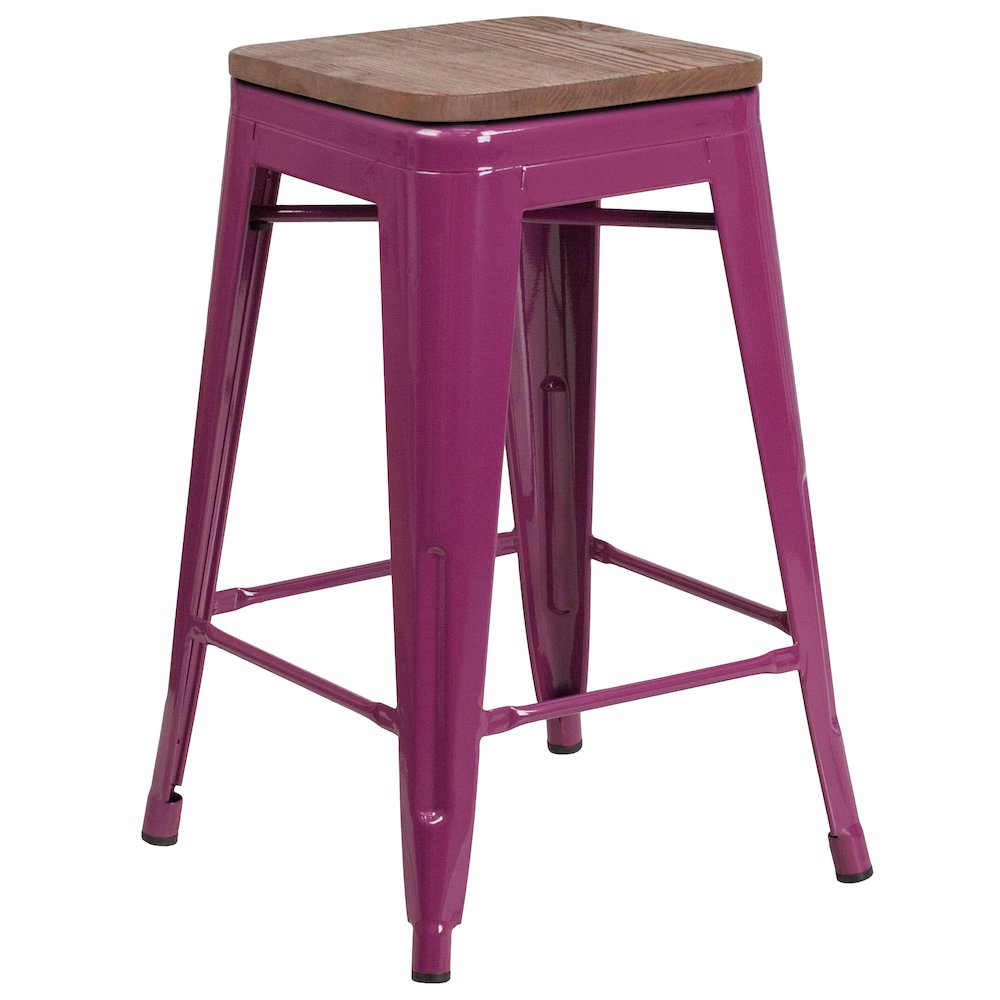 24" High Backless Purple Counter Height Stool with Square Wood Seat. Picture 1