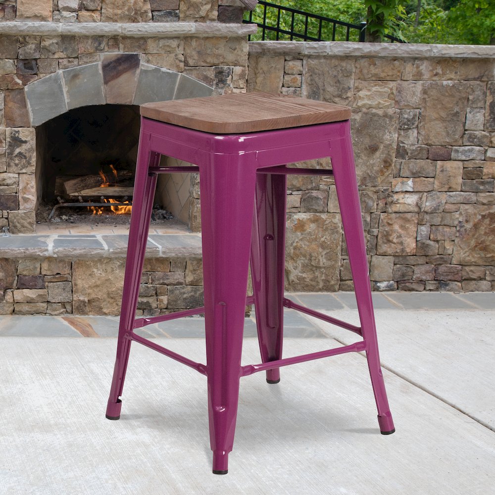 24" High Backless Purple Counter Height Stool with Square Wood Seat. Picture 2