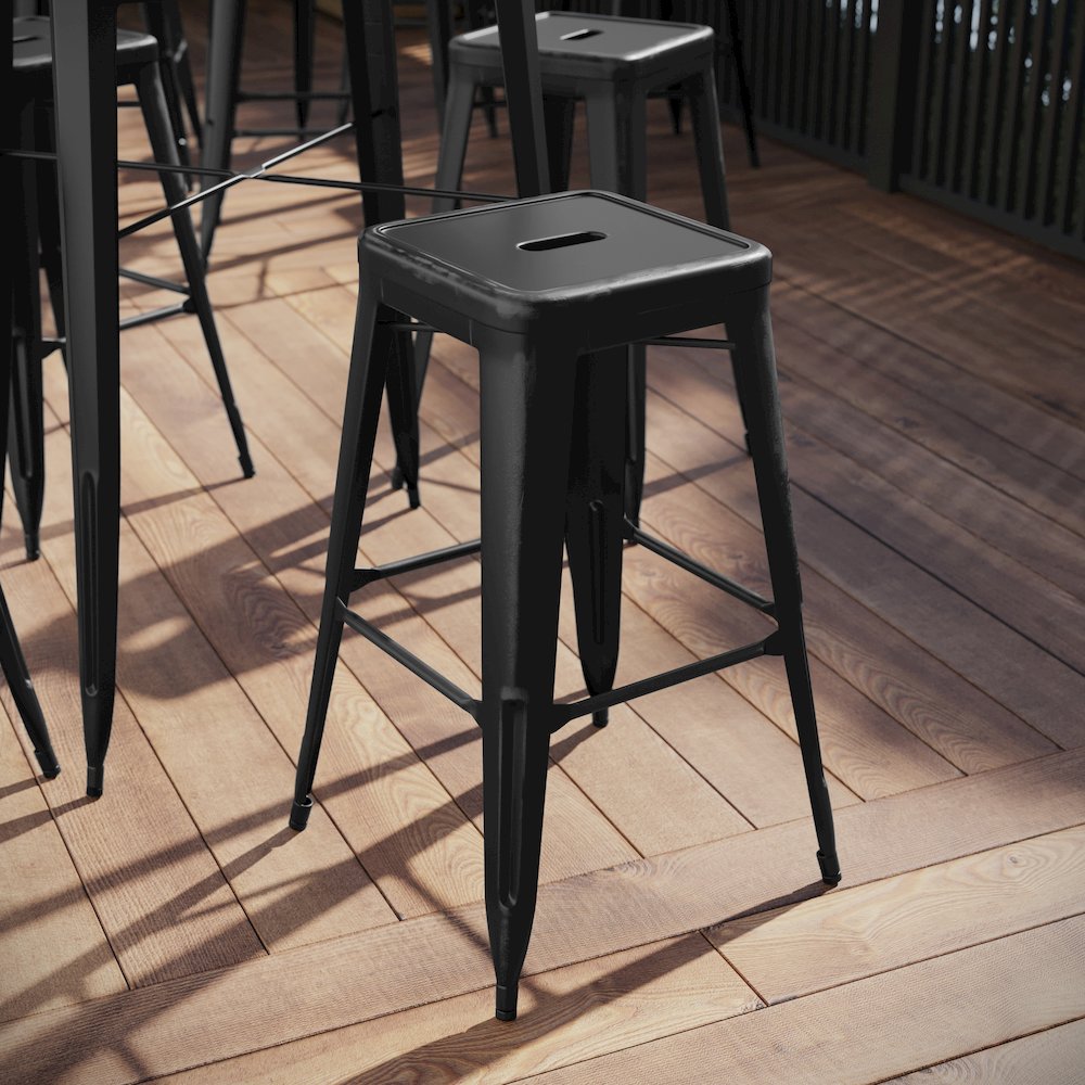 30" High Backless Distressed Black Metal Indoor-Outdoor Barstool. Picture 2