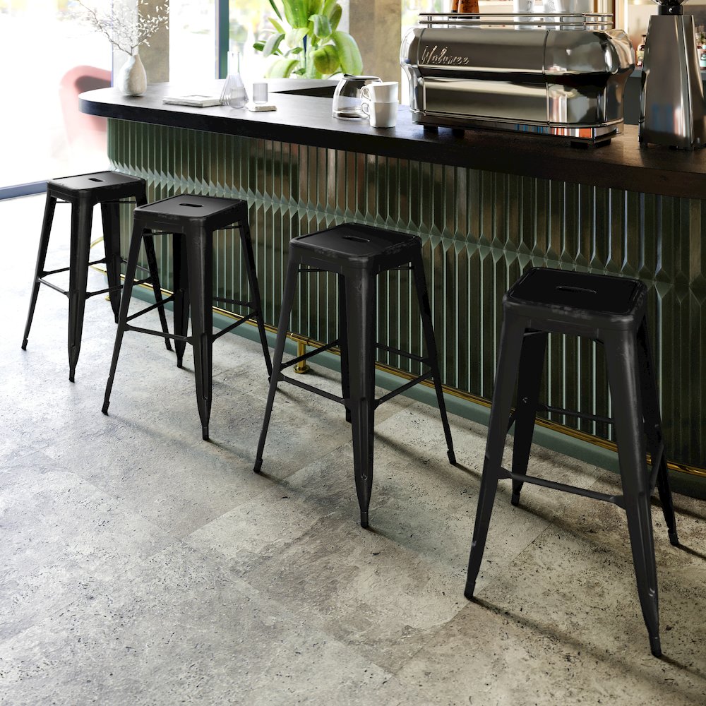 30" High Backless Distressed Black Metal Indoor-Outdoor Barstool. Picture 7
