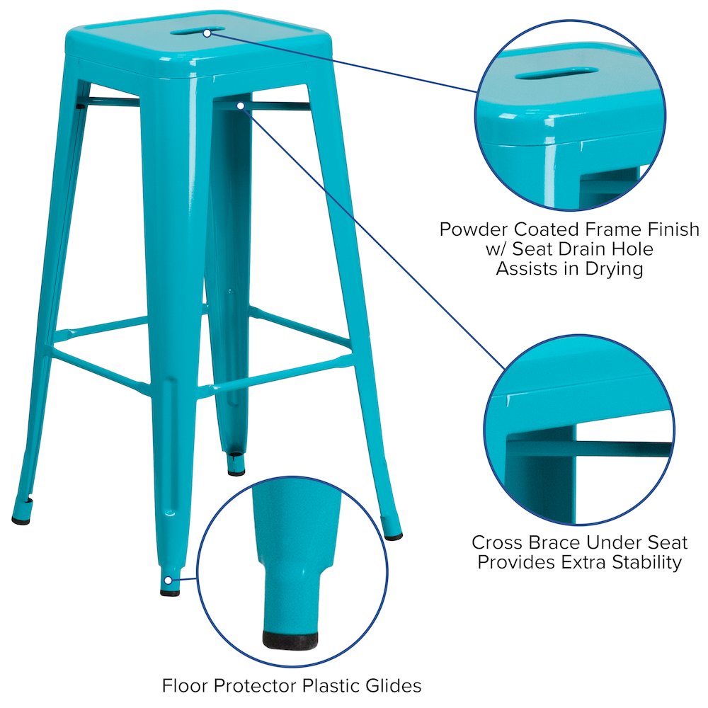 Commercial Grade 30" High Backless Crystal Teal-Blue Indoor-Outdoor Barstool. Picture 6