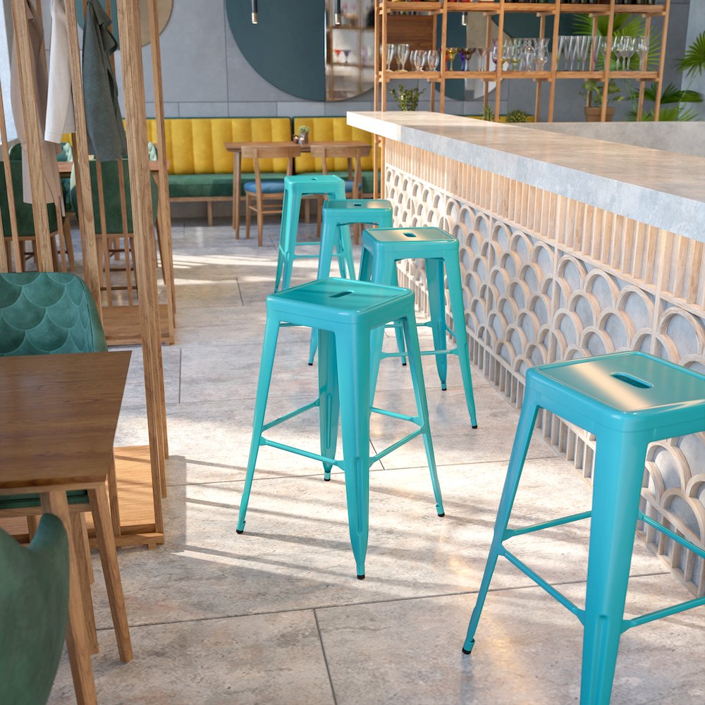 Commercial Grade 30" High Backless Crystal Teal-Blue Indoor-Outdoor Barstool. Picture 9