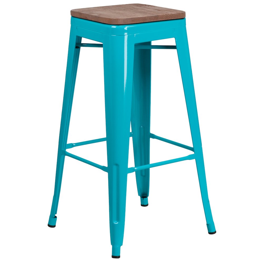 30" High Backless Crystal Teal-Blue Barstool with Square Wood Seat. Picture 1