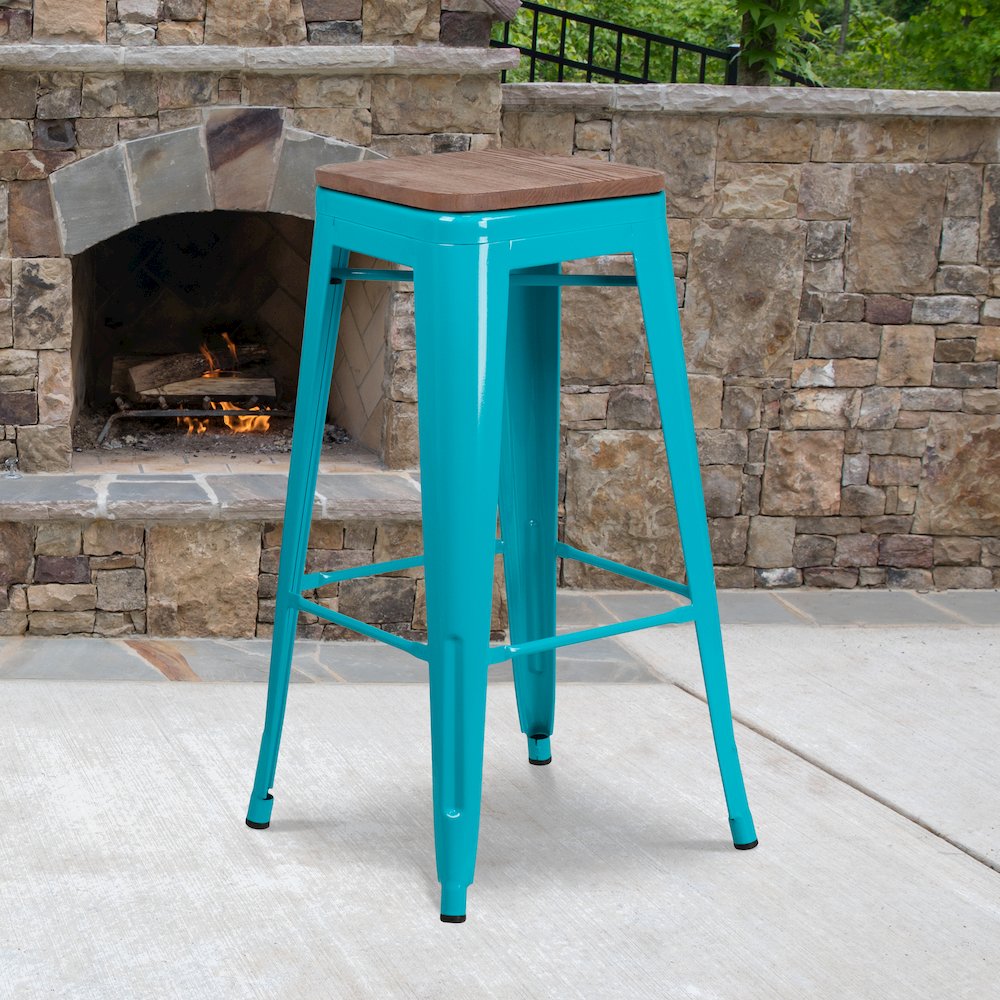 30" High Backless Crystal Teal-Blue Barstool with Square Wood Seat. Picture 2