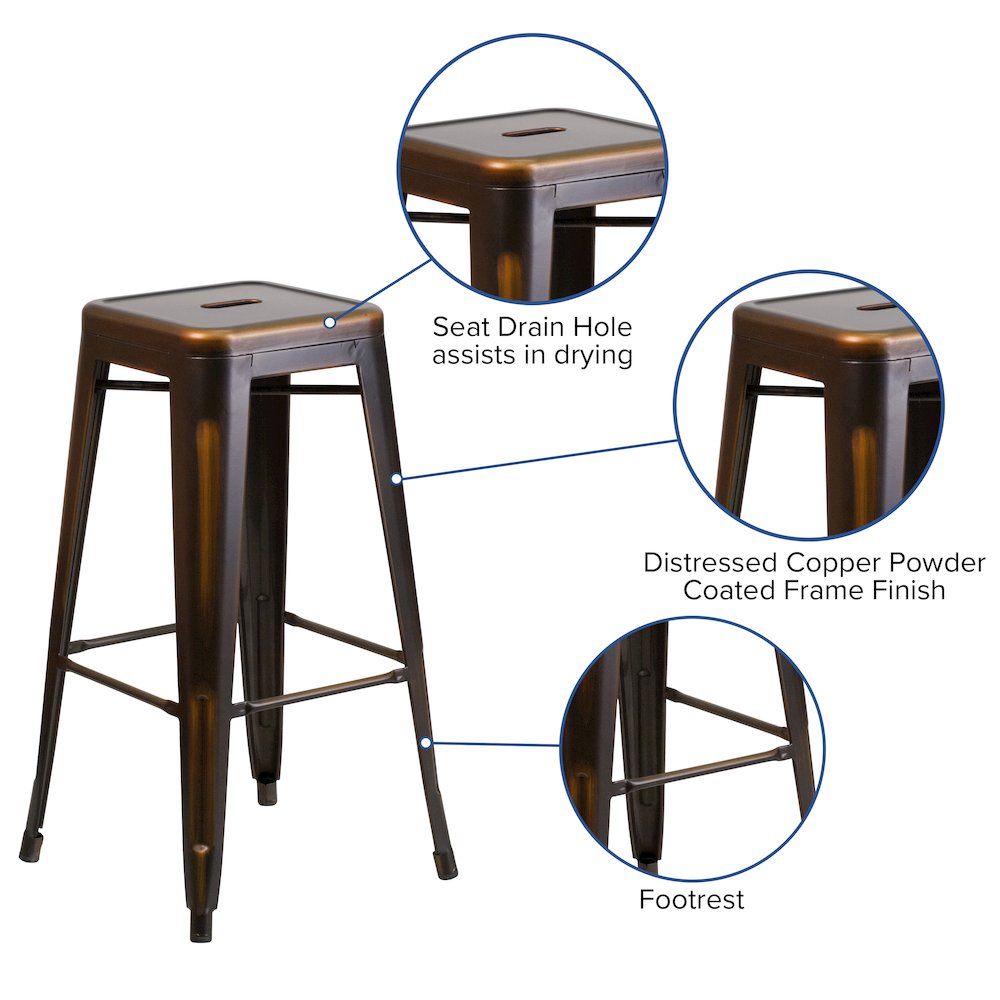 Commercial Grade 30" High Backless Distressed Copper Metal Indoor-Outdoor Barstool. Picture 5