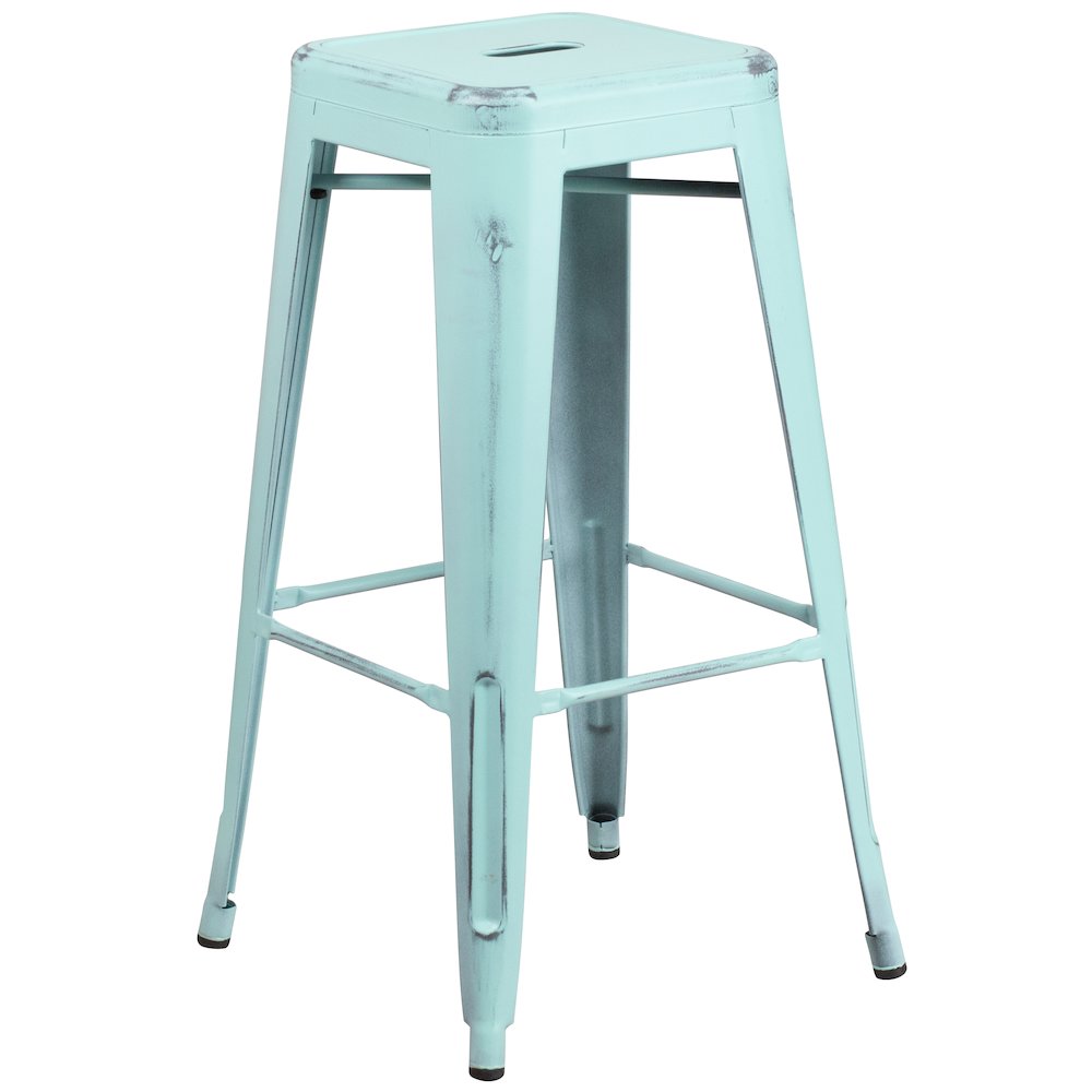 30" High Backless Distressed Green-Blue Metal Indoor-Outdoor Barstool. Picture 1