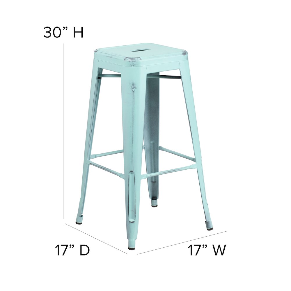 30" High Backless Distressed Green-Blue Metal Indoor-Outdoor Barstool. Picture 6