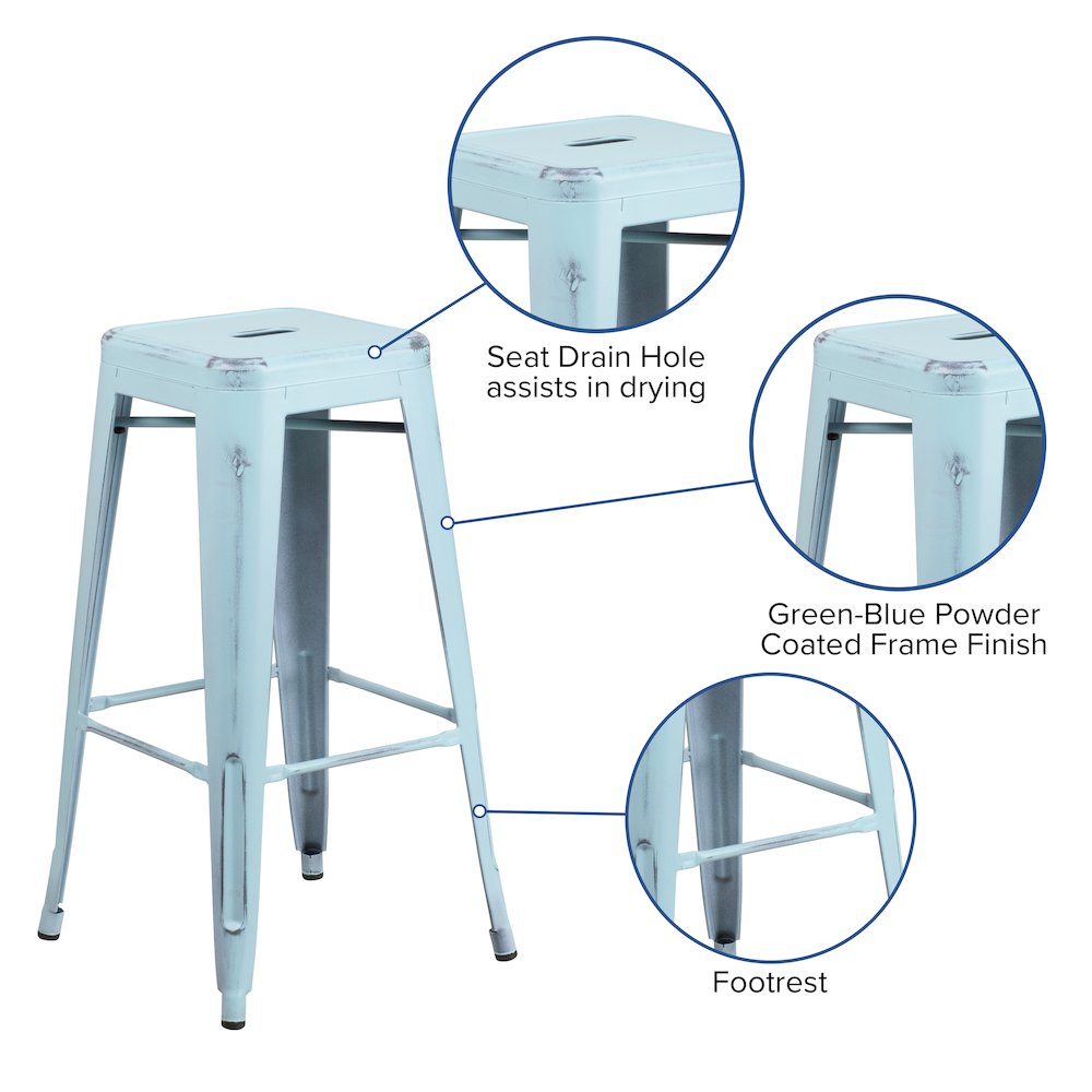 30" High Backless Distressed Green-Blue Metal Indoor-Outdoor Barstool. Picture 5