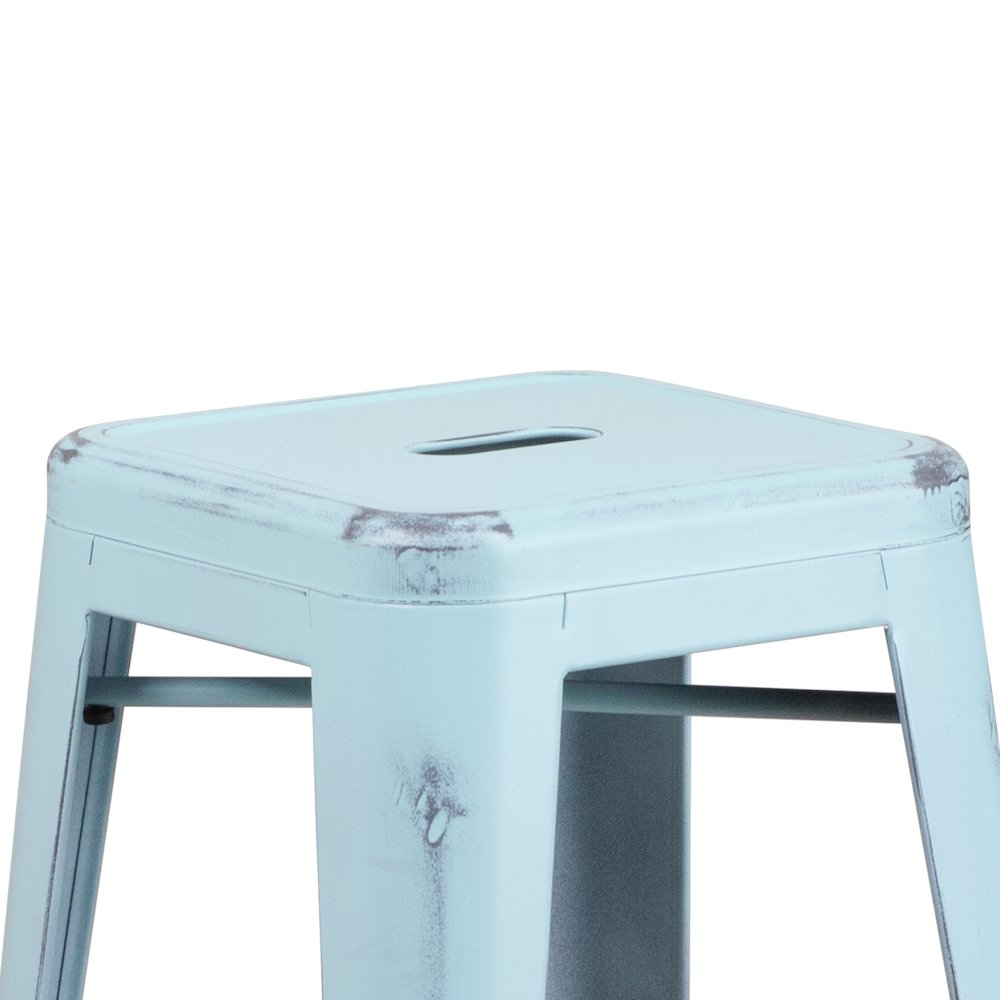 30" High Backless Distressed Green-Blue Metal Indoor-Outdoor Barstool. Picture 9