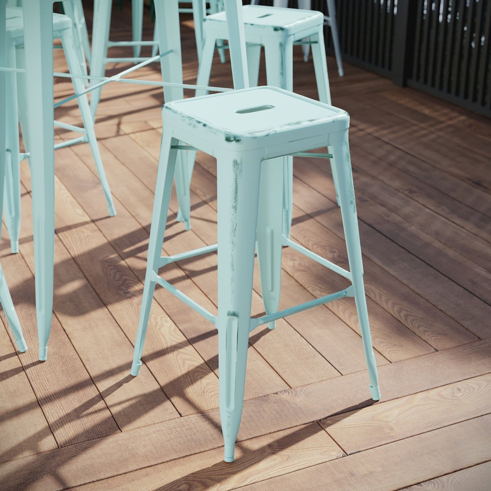 30" High Backless Distressed Green-Blue Metal Indoor-Outdoor Barstool. Picture 2