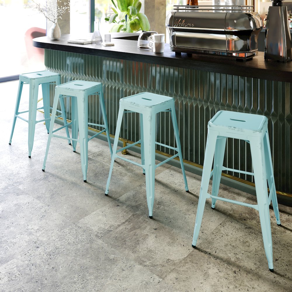 30" High Backless Distressed Green-Blue Metal Indoor-Outdoor Barstool. Picture 7