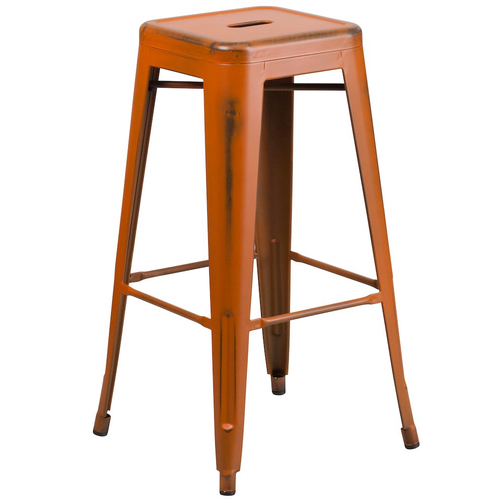 Commercial Grade 30" High Backless Distressed Orange Metal Indoor-Outdoor Barstool. Picture 1