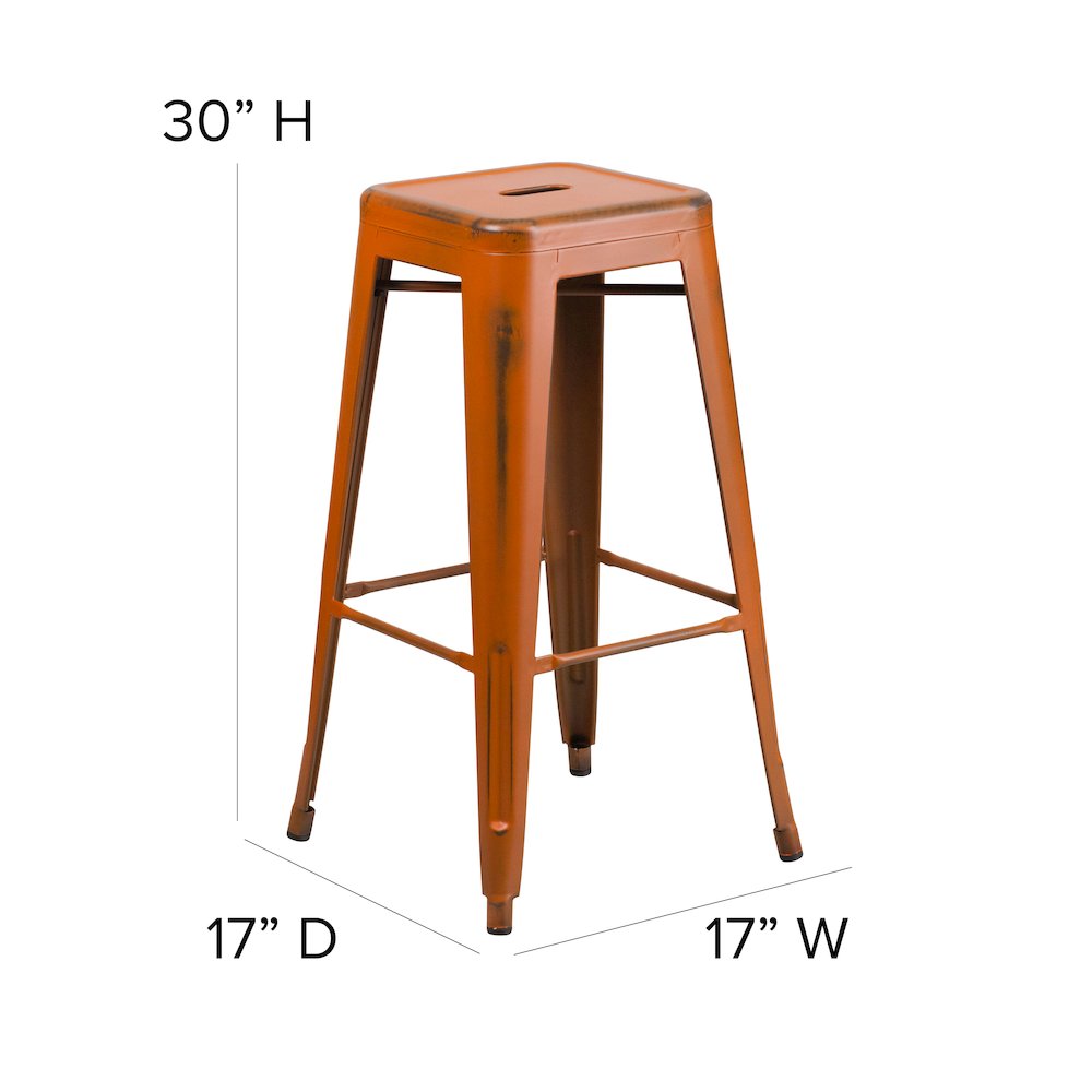 Commercial Grade 30" High Backless Distressed Orange Metal Indoor-Outdoor Barstool. Picture 2