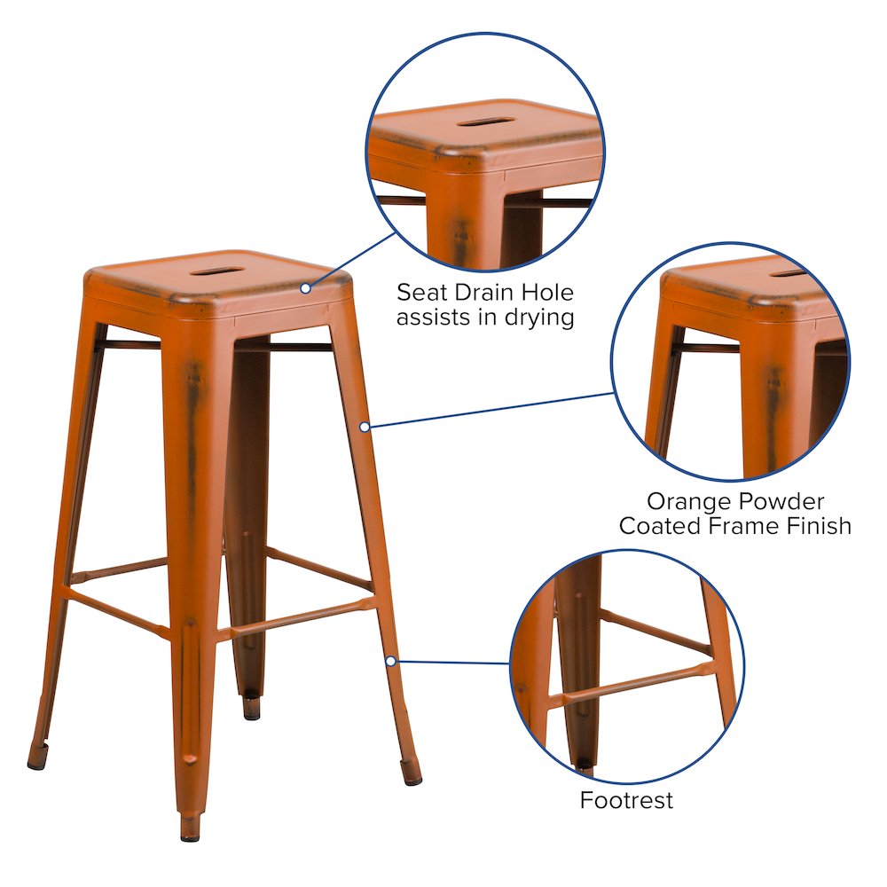 30" High Backless Distressed Orange Metal Indoor-Outdoor Barstool. Picture 5