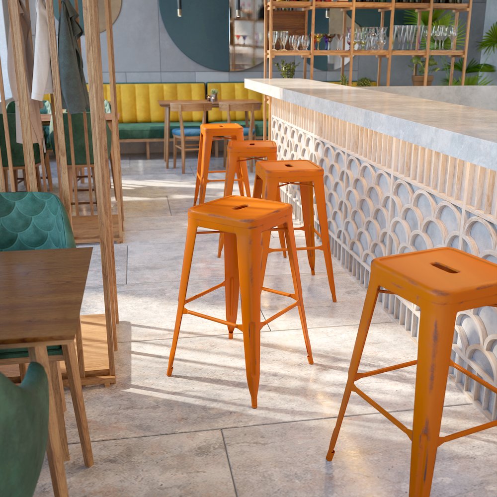 30" High Backless Distressed Orange Metal Indoor-Outdoor Barstool. Picture 2