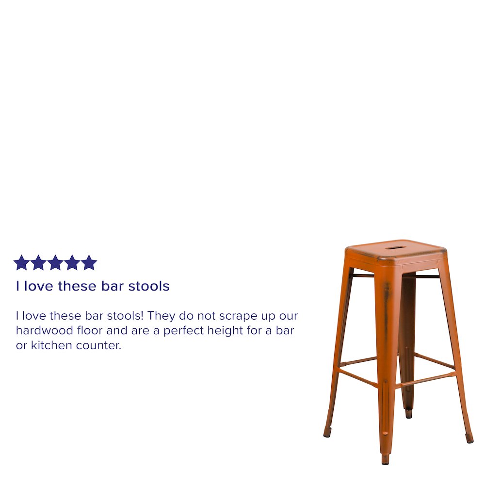Commercial Grade 30" High Backless Distressed Orange Metal Indoor-Outdoor Barstool. Picture 3