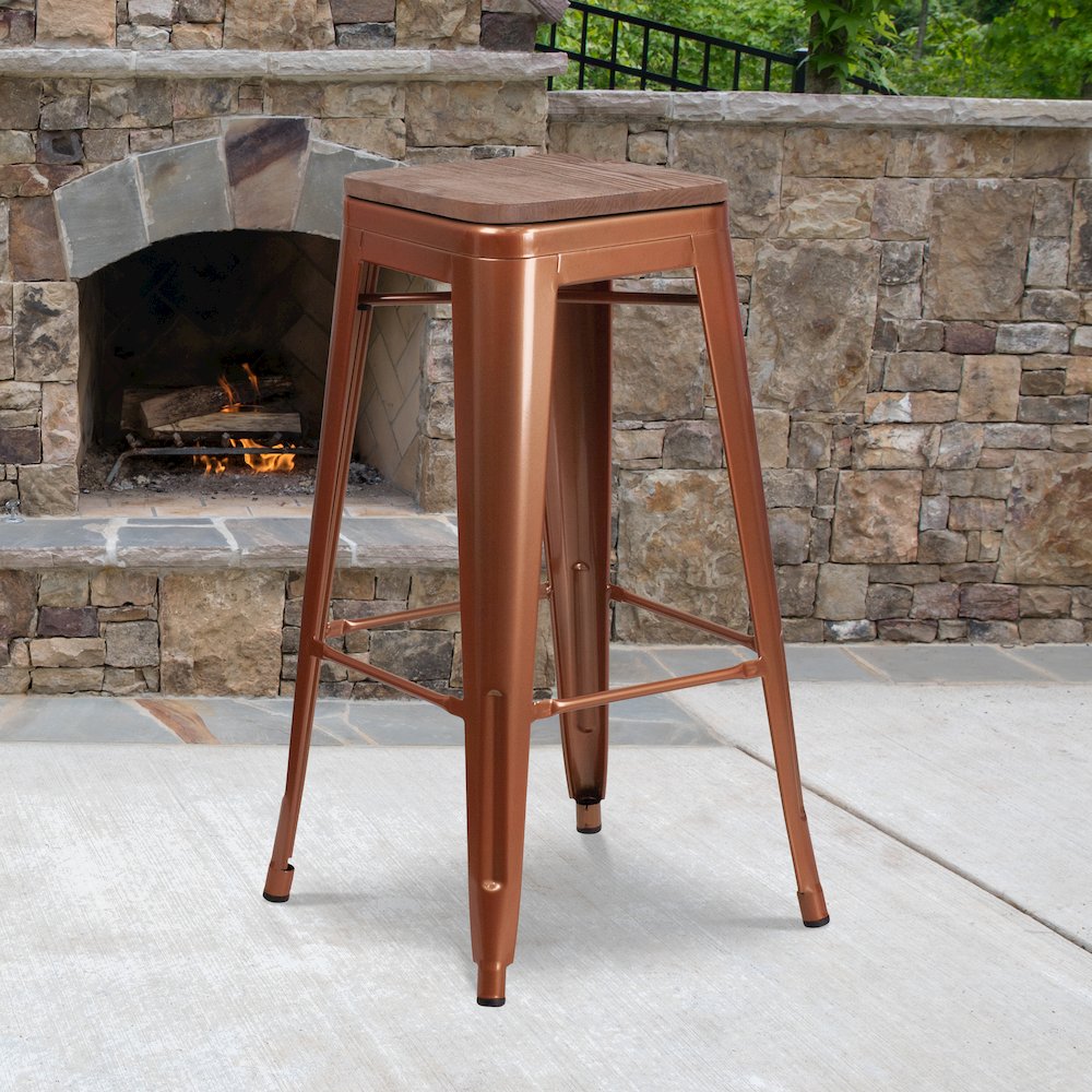 30" High Backless Copper Barstool with Square Wood Seat. Picture 2