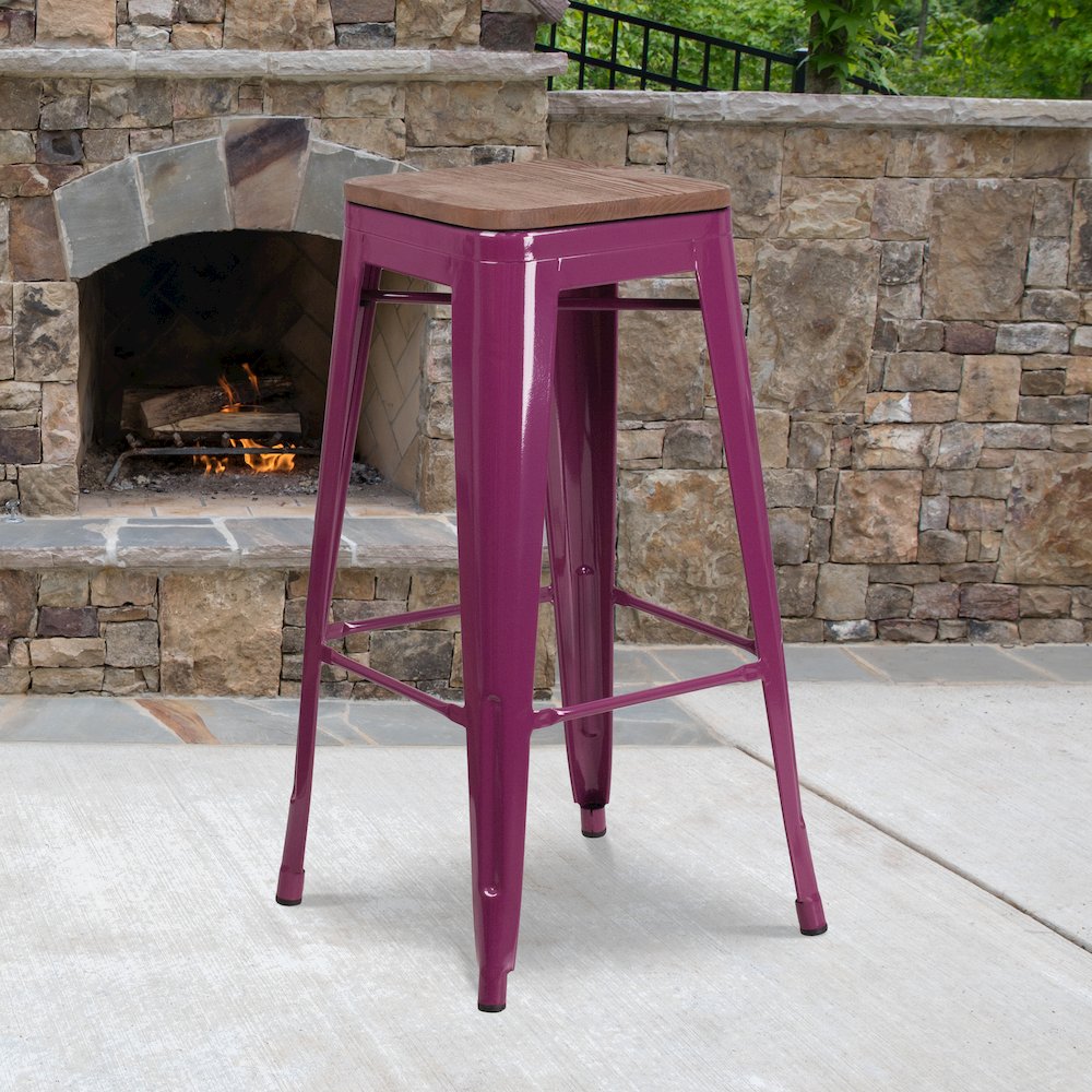 30" High Backless Purple Barstool with Square Wood Seat. Picture 2