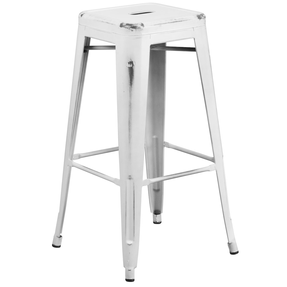 Commercial Grade 30" High Backless Distressed White Metal Indoor-Outdoor Barstool. Picture 1