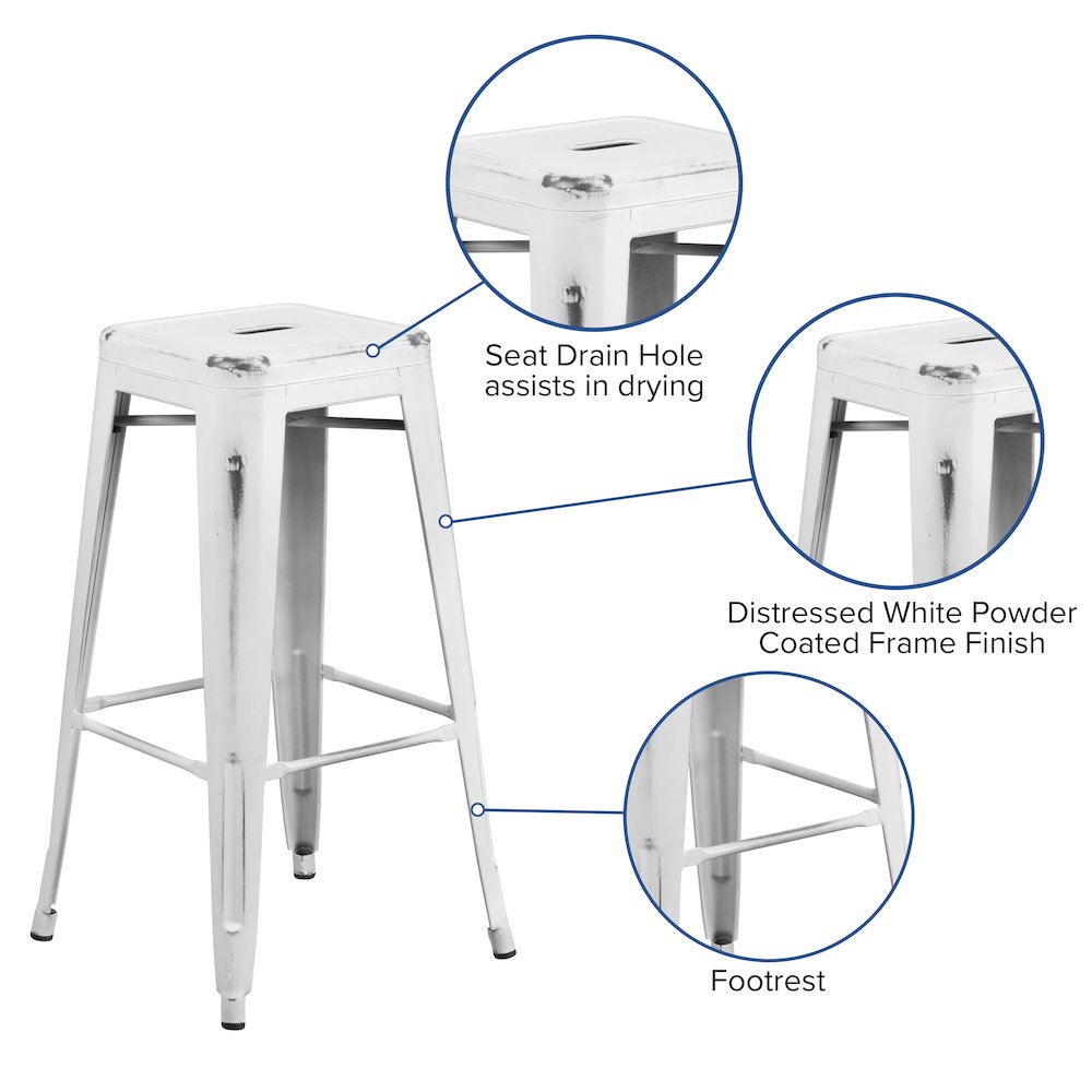 30" High Backless Distressed White Metal Indoor-Outdoor Barstool. Picture 5