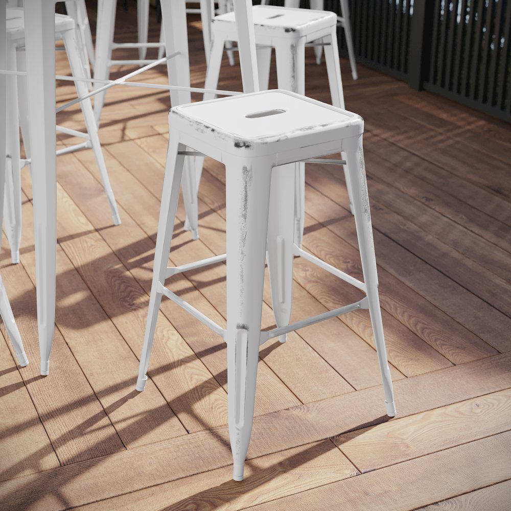 30" High Backless Distressed White Metal Indoor-Outdoor Barstool. Picture 2