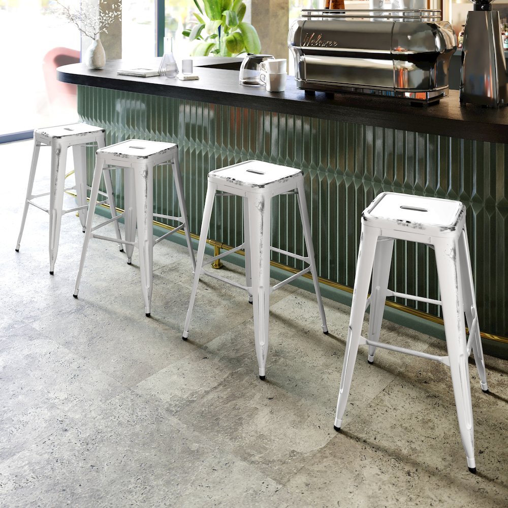 30" High Backless Distressed White Metal Indoor-Outdoor Barstool. Picture 7