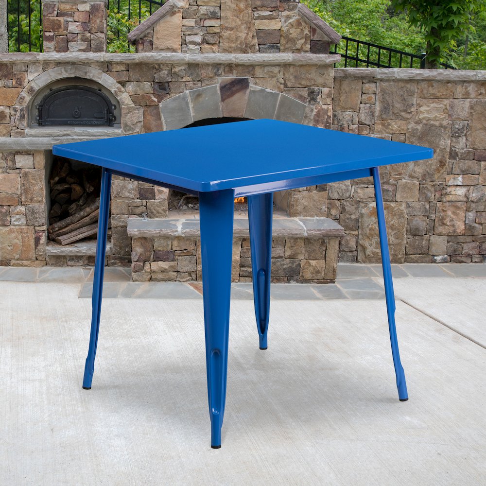 Commercial Grade 31.5" Square Blue Metal Indoor-Outdoor Table. Picture 2