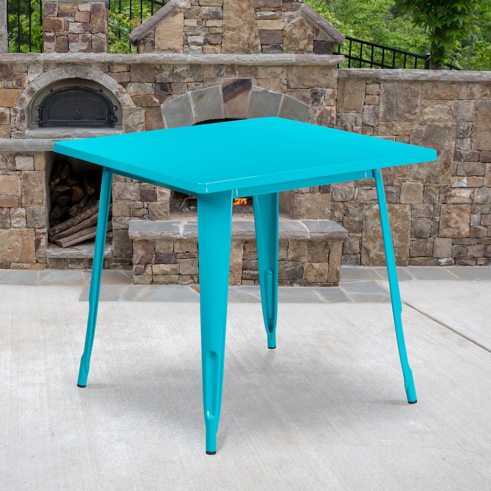Commercial Grade 31.5" Square Crystal Teal-Blue Metal Indoor-Outdoor Table. Picture 2